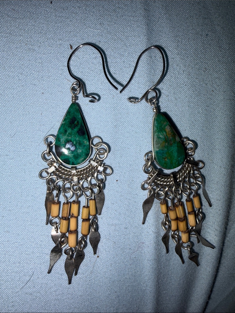 Turquoise Stone Teardrop Dangle Earrings with wood Bead Fringe